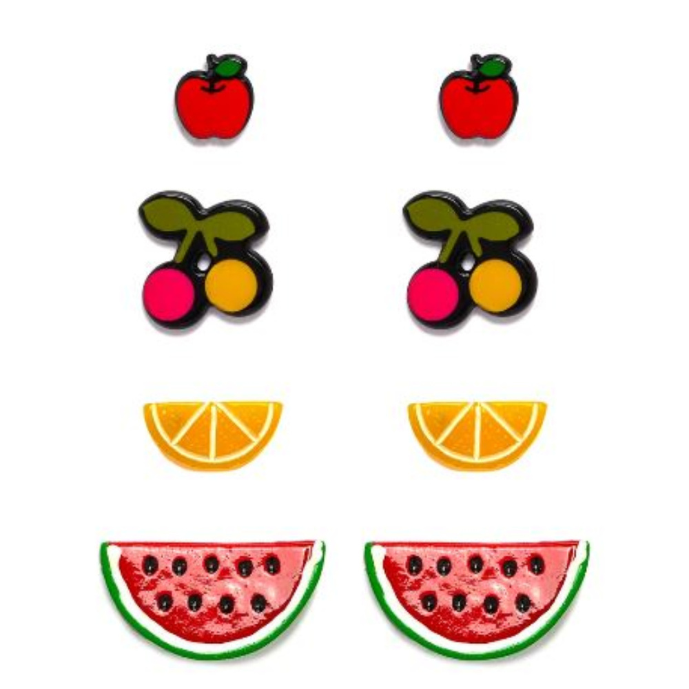 🆕❤💋Set of 4 Fruity Stud Earrings Apple Cherry Orange
